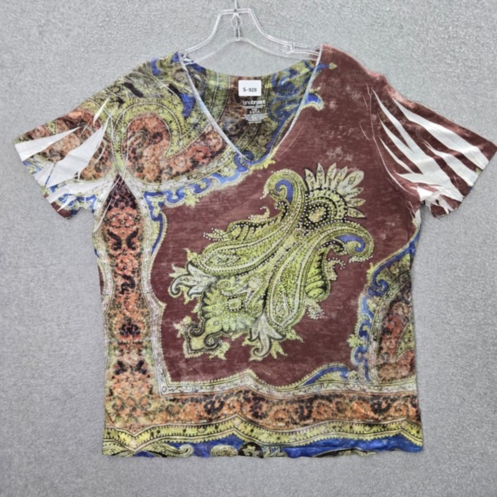Lane Bryant Women Shirt 14/16 Brown Paisley Rhinestone Bold Graphic V Neck